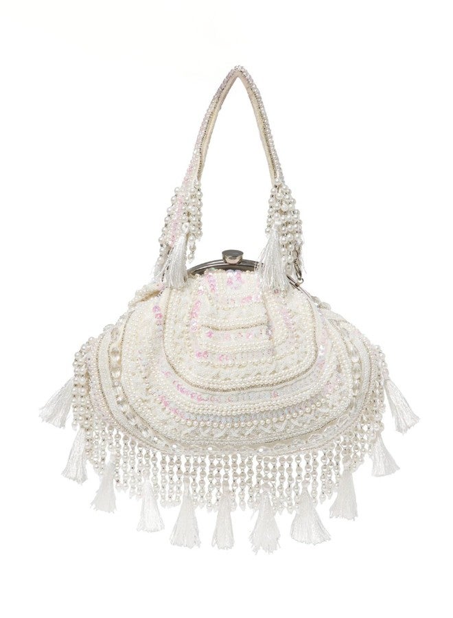 Anekaant Dewdrop Fringe Ivory Embellished Velvet Clutch For Women | Ideal for Weddings & Festive Occasions - Image 1